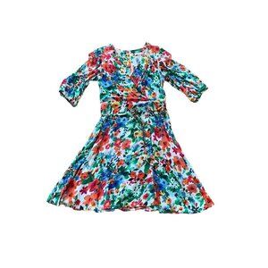 Calvin Klein 3/4 Sleeve V-Neck Colorful Floral Faux Wrap Dress Size 4